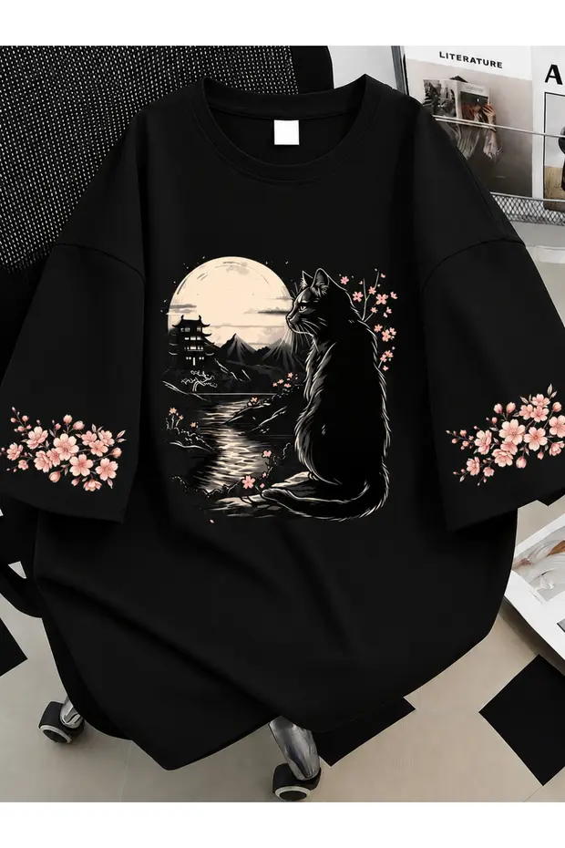 Kadın Black Cat Renkli Özel Baskılı Oversize Sıfır Yaka Penye T-Shirt